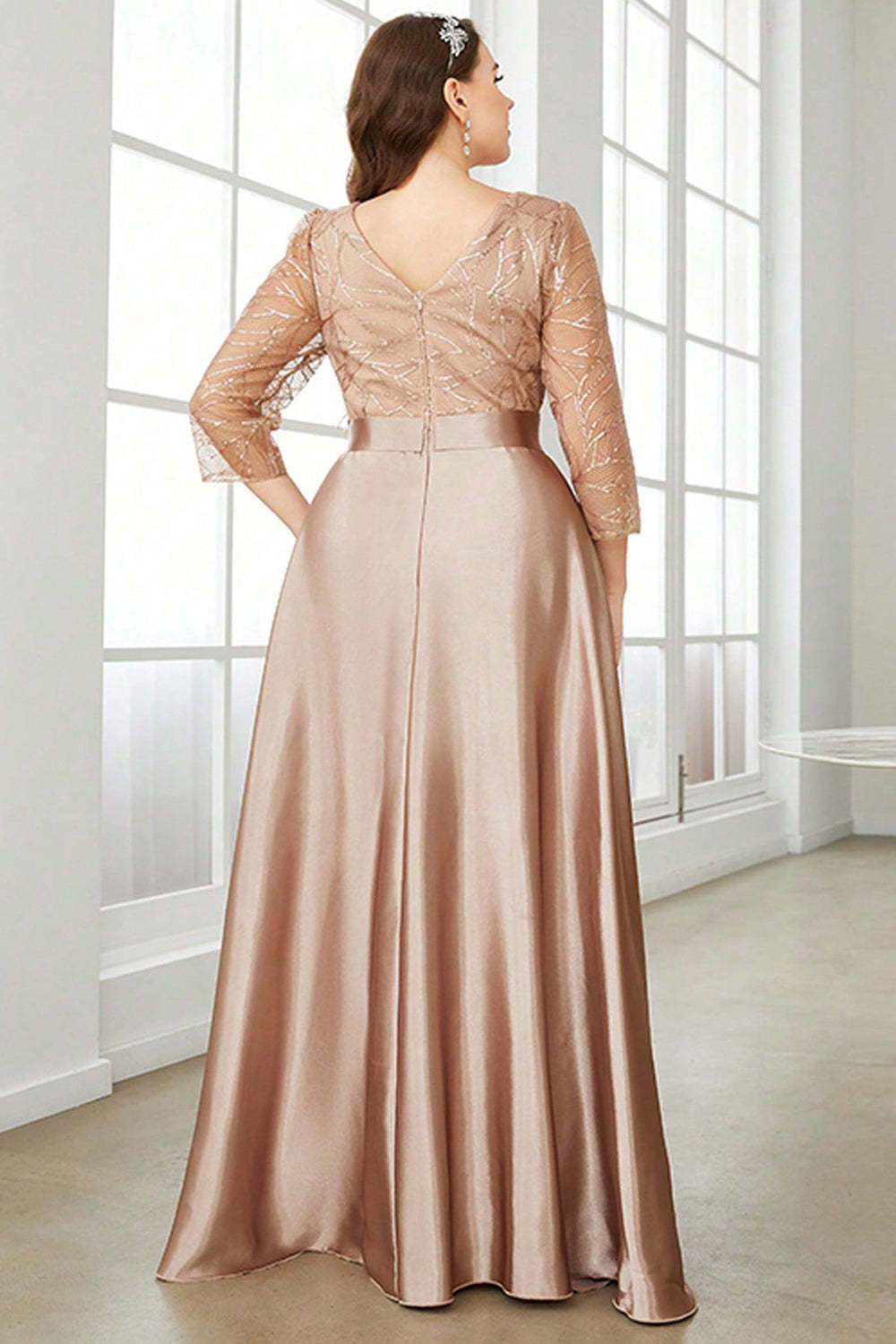 Champagne 3/4 Sleeves Printed Satin A Line Plus Size Bridesmaid Dress