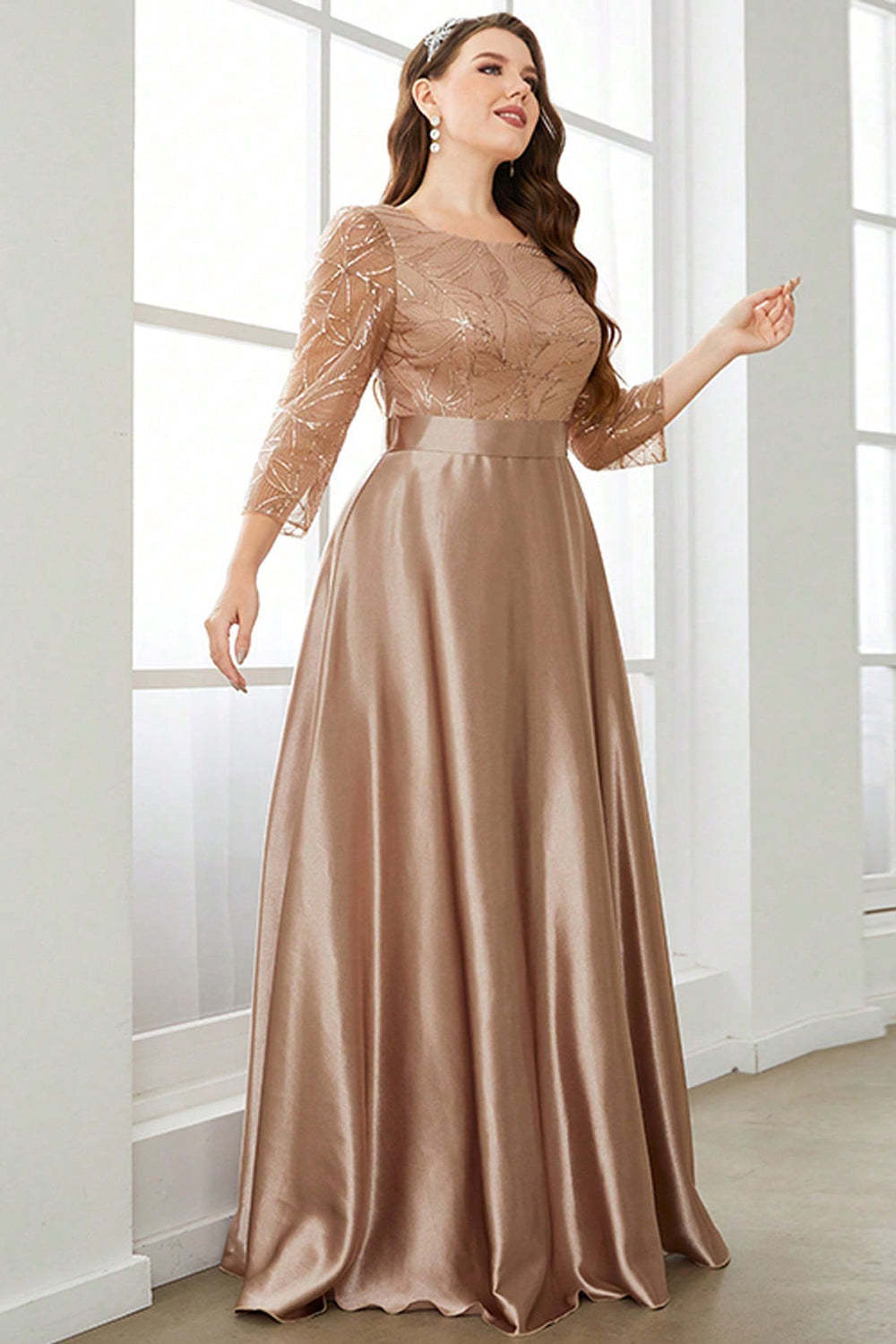 Champagne 3/4 Sleeves Printed Satin A Line Plus Size Bridesmaid Dress