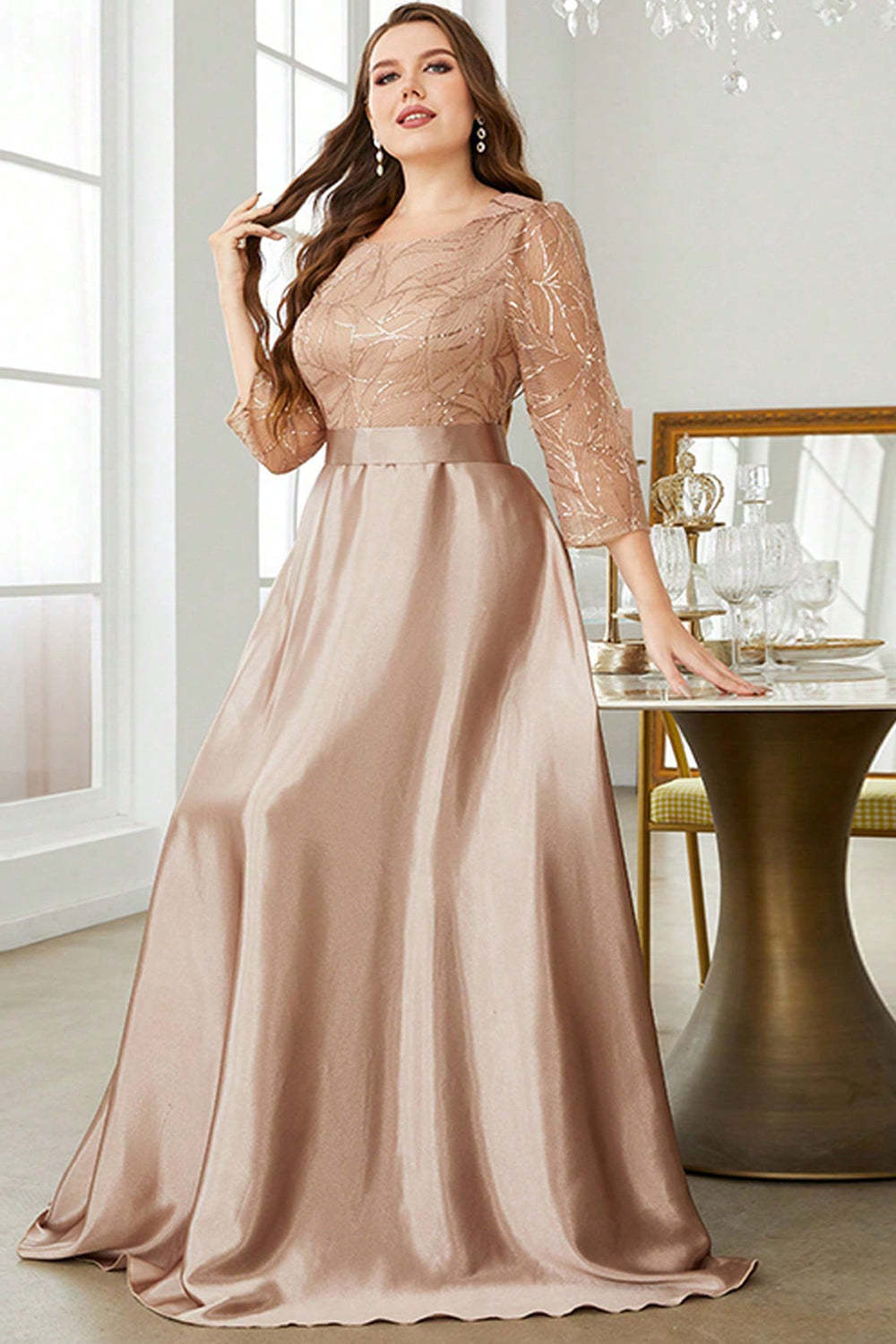 Champagne 3/4 Sleeves Printed Satin A Line Plus Size Bridesmaid Dress