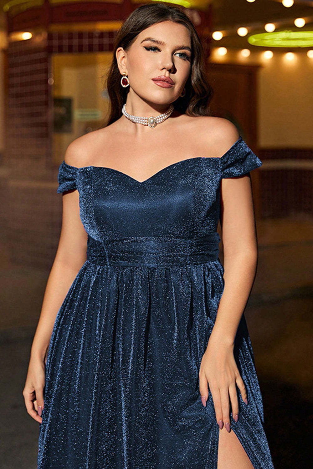 Glitter Navy Off the Shoulder Plus Size Bridesmaid Dress with Slit