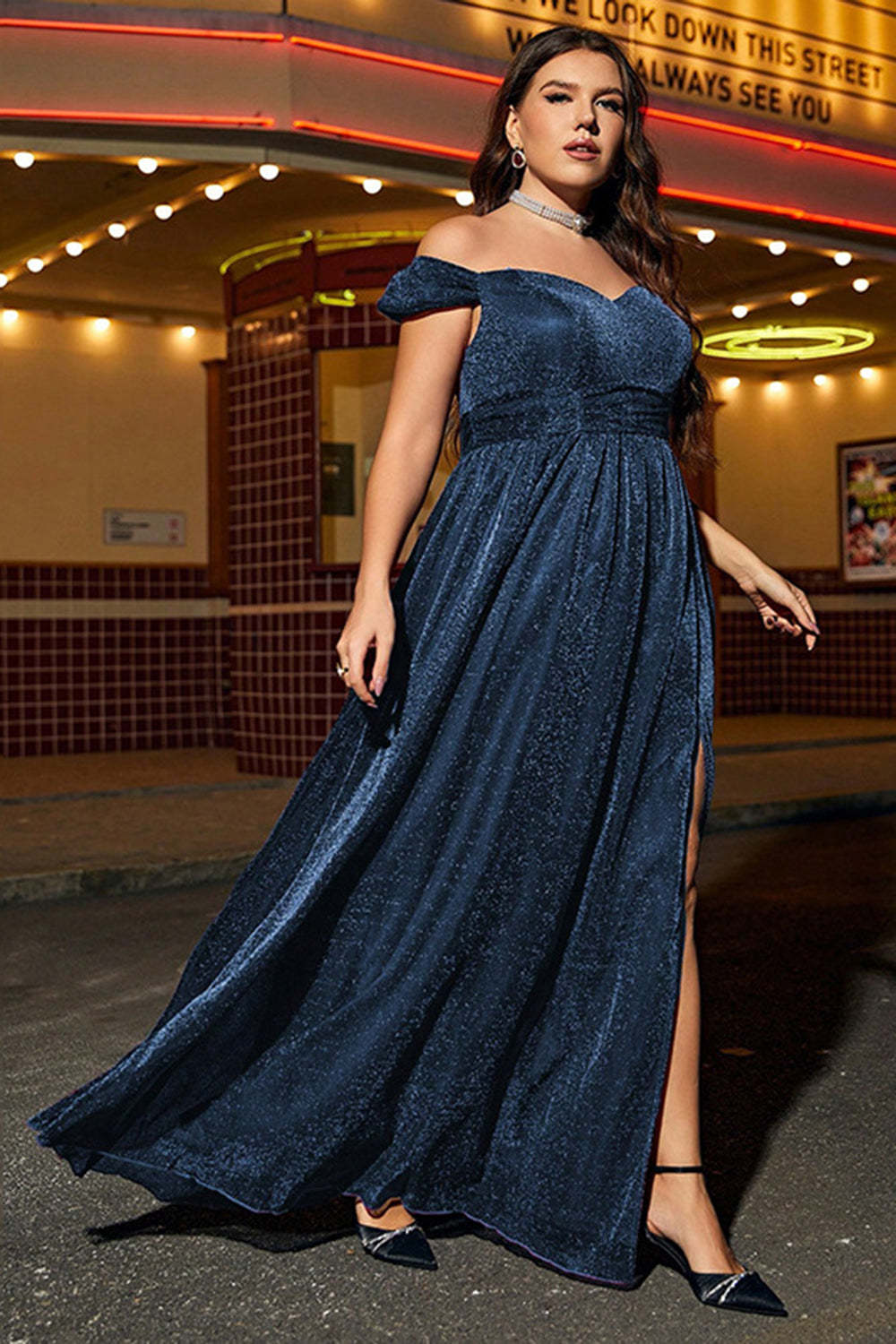 Glitter Navy Off the Shoulder Plus Size Bridesmaid Dress with Slit