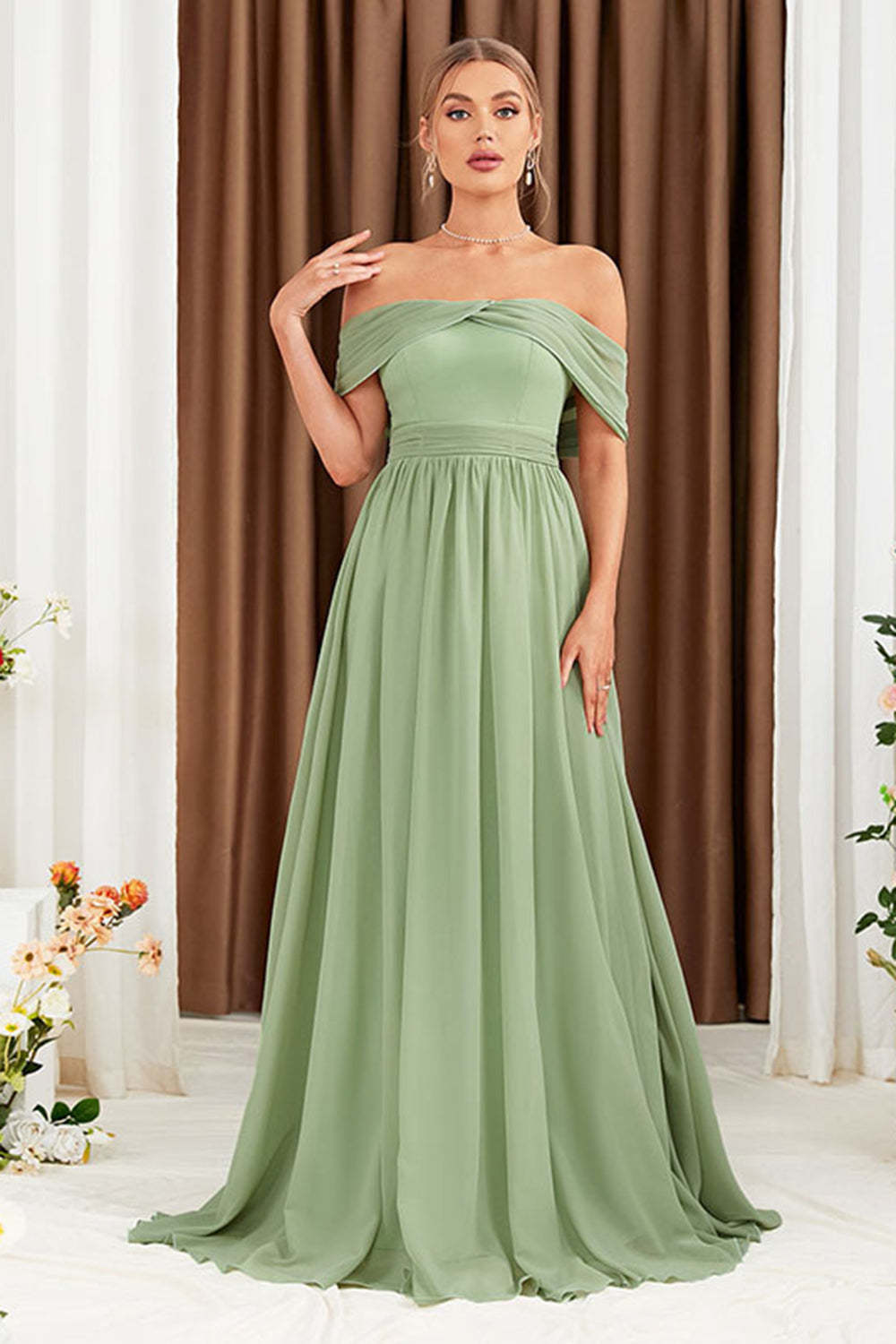 Leely Women Green Flowy A-Line Chiffon Bridesmaid Dress Off-the-Shoulder Wedding Guest Dress