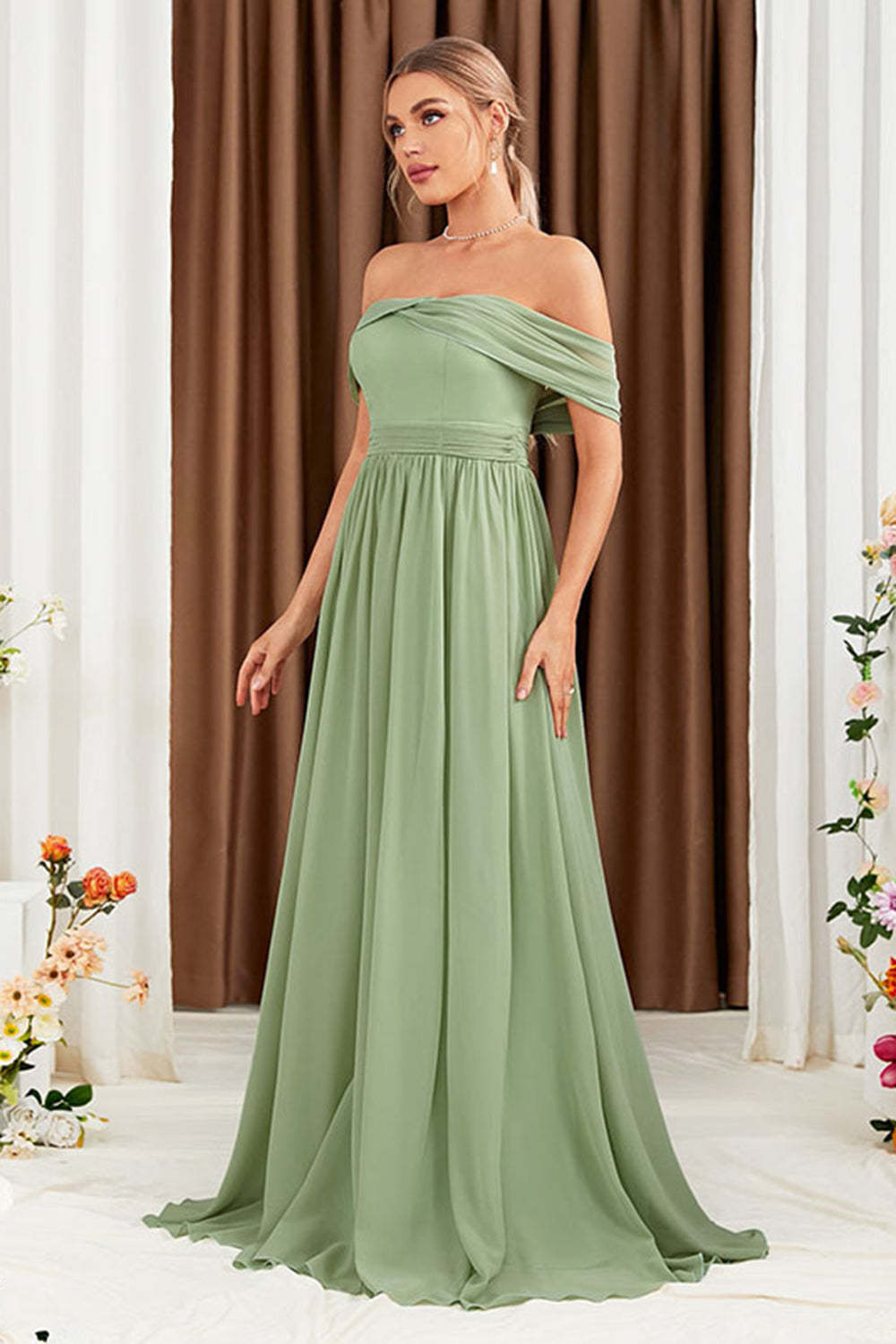 Green Off-the-Shoulder Flowy A-Line Chiffon Bridesmaid Dress