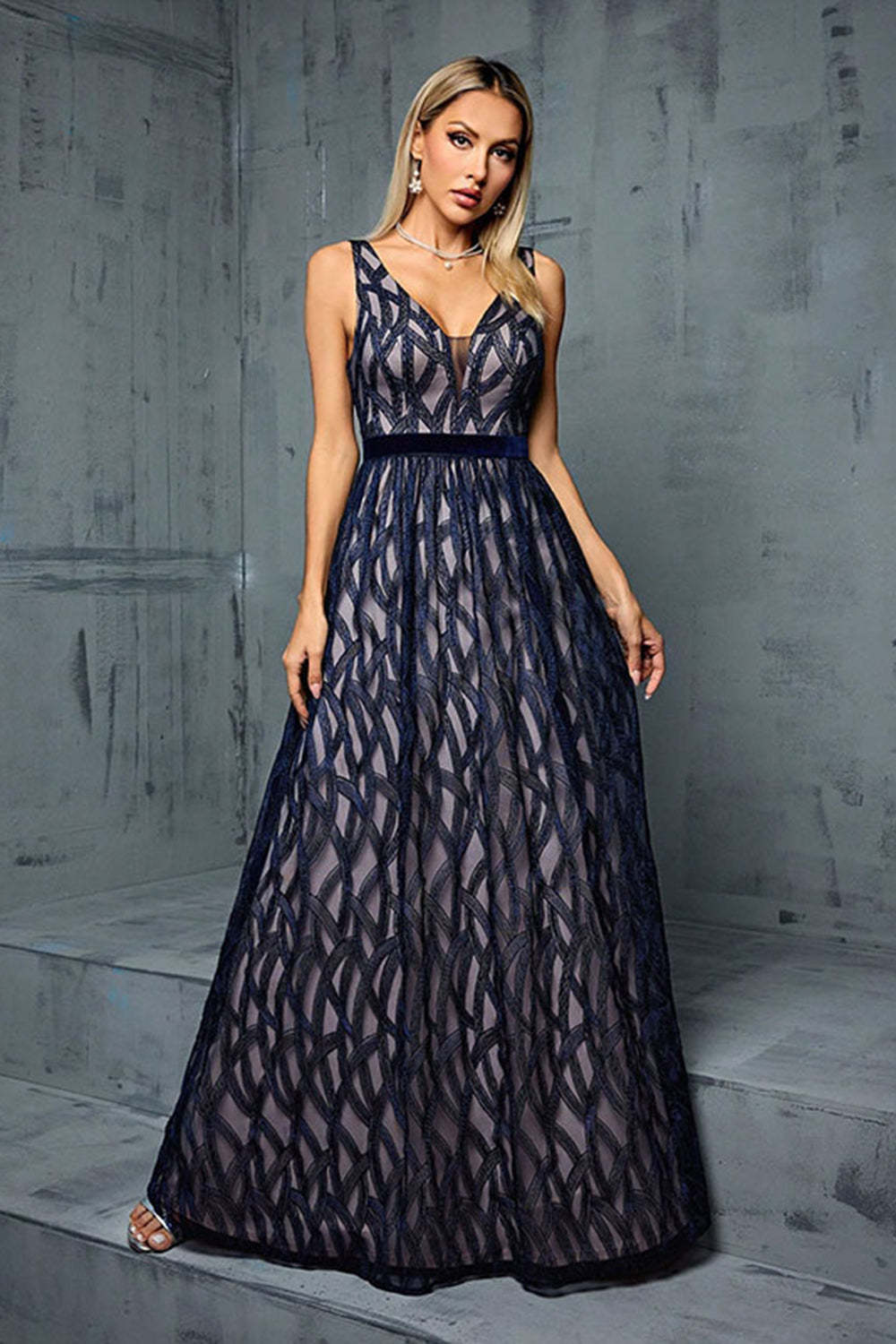Leely Women Navy V Neck Printed A Line Long Wedding Guest Dress Sleeveless Tulle Formal Dress