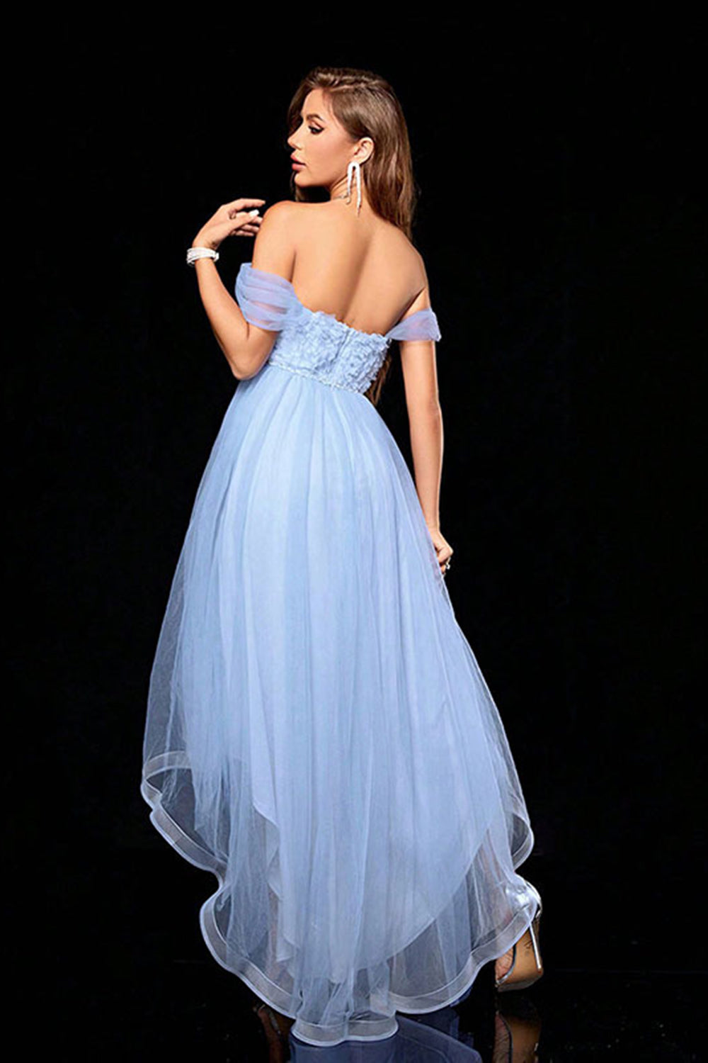 Light Blue Off the Shoulder Tulle High Low Bridesmaid Dress