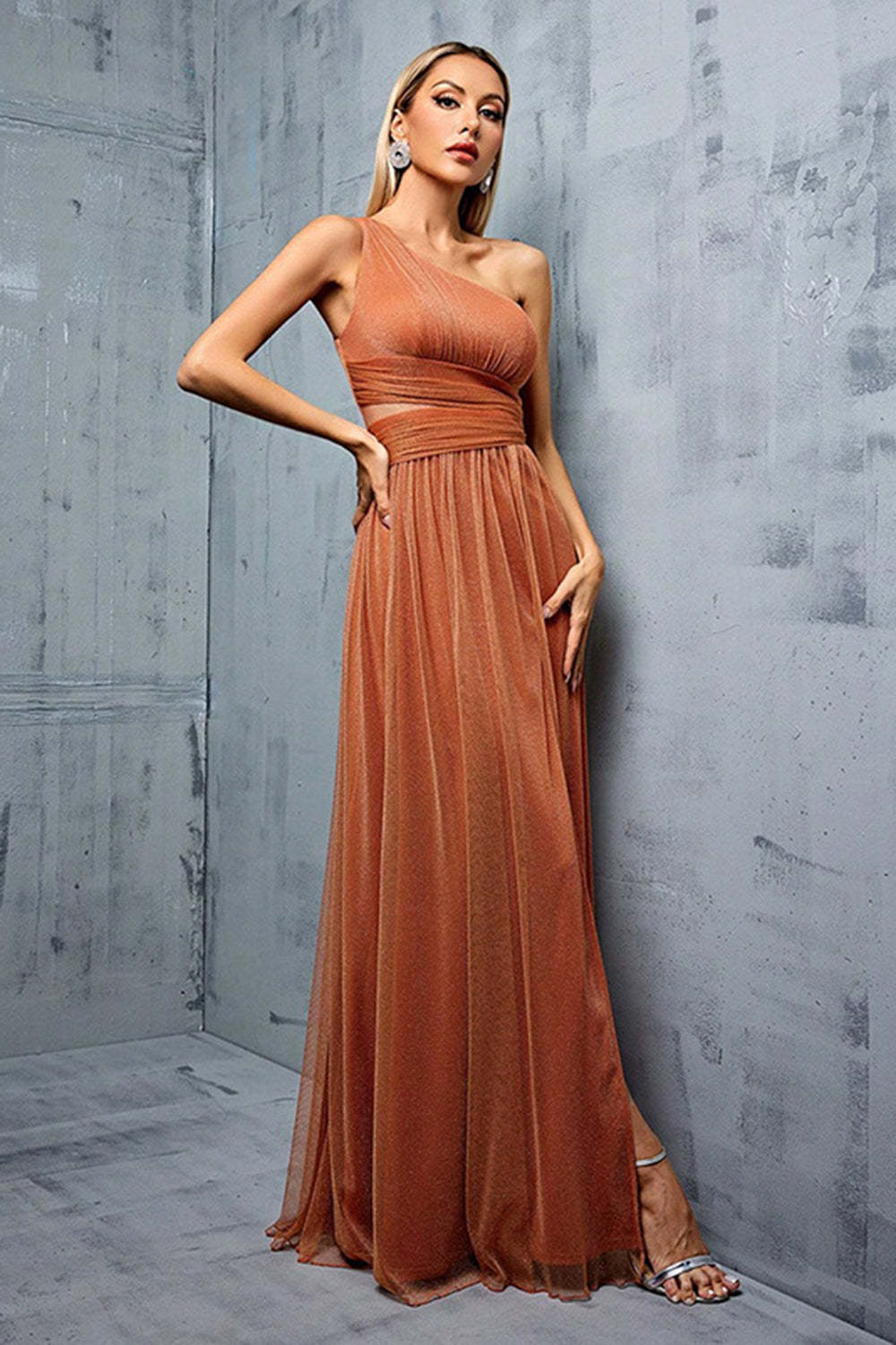 Leely Women Brown One Shoulder Tulle A Line Bridesmaid Dress with Slit Wedding Guest Dress