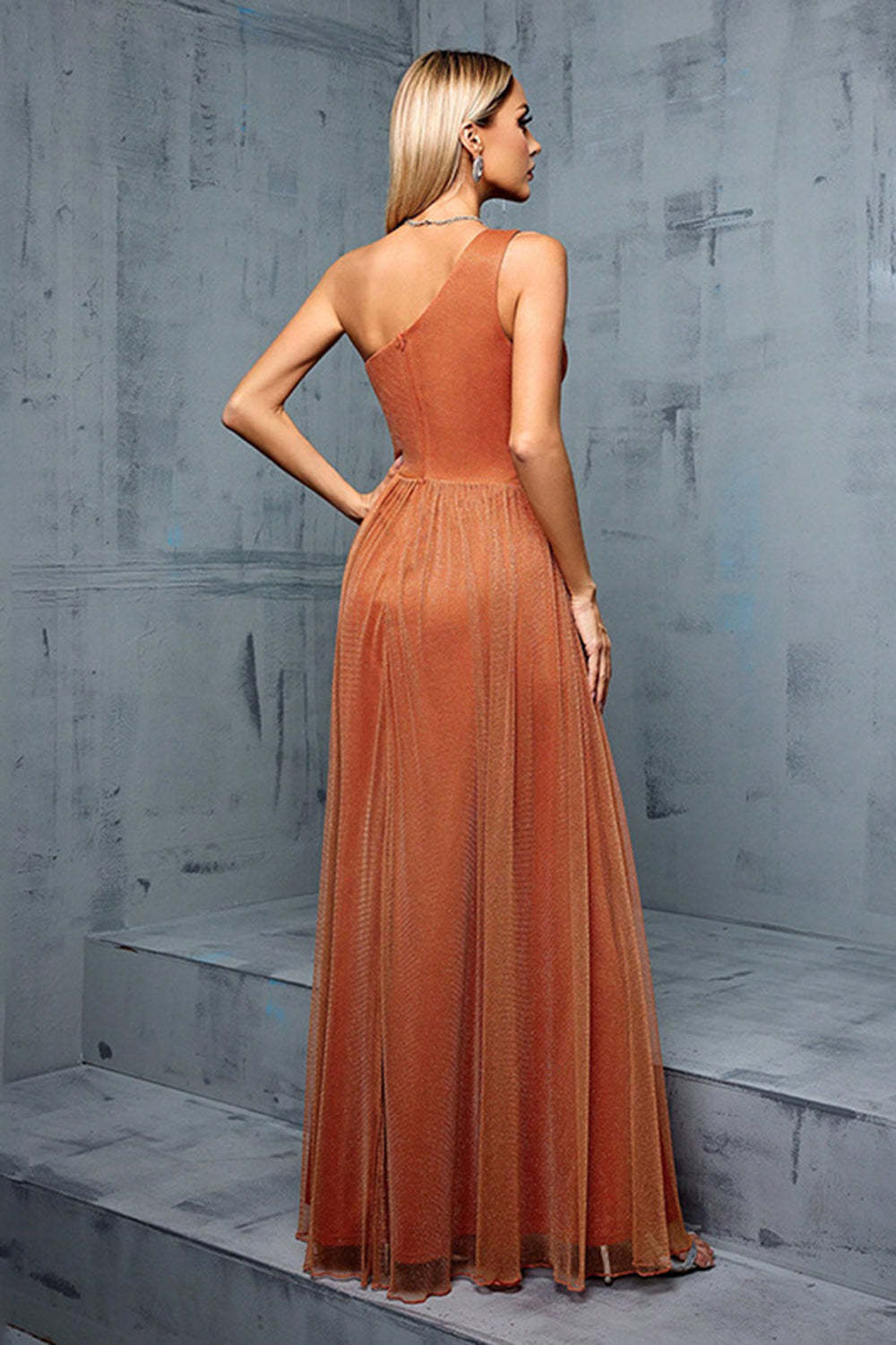 Brown One Shoulder Tulle A Line Bridesmaid Dress with Slit