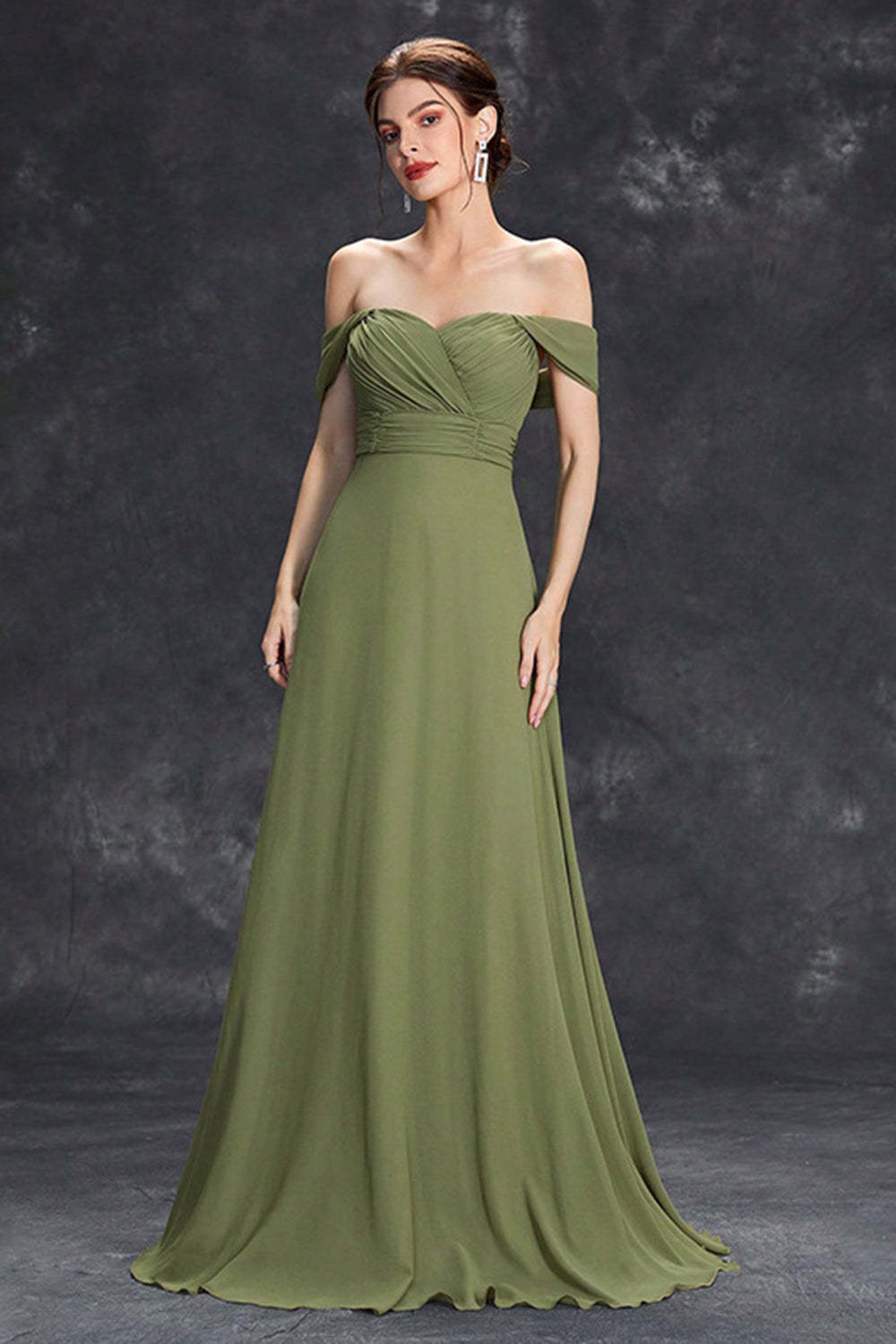 Leely Women Elegant Army Green Pleated Chiffon A Line Long Bridesmaid Dress Off the Shoulder Wedding Guest Dress