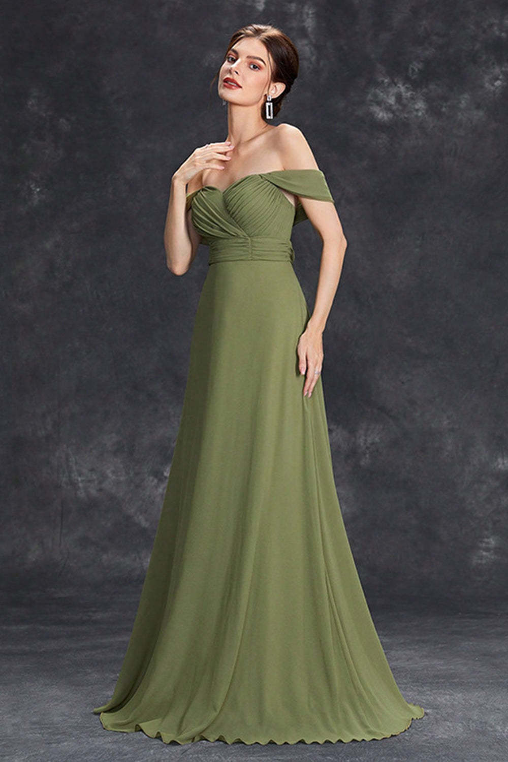 Elegant Army Green Pleated Chiffon A Line Long Bridesmaid Dress