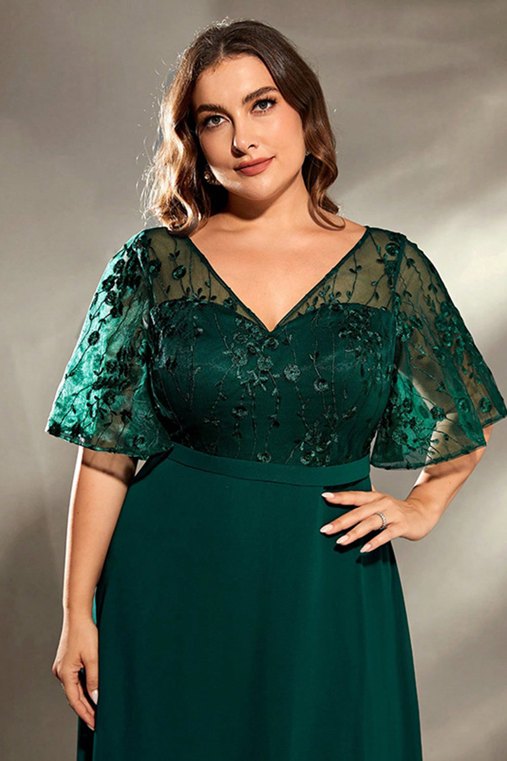 Leely Women Dark Green Plus Size Mother of Bride Dress V Neck
