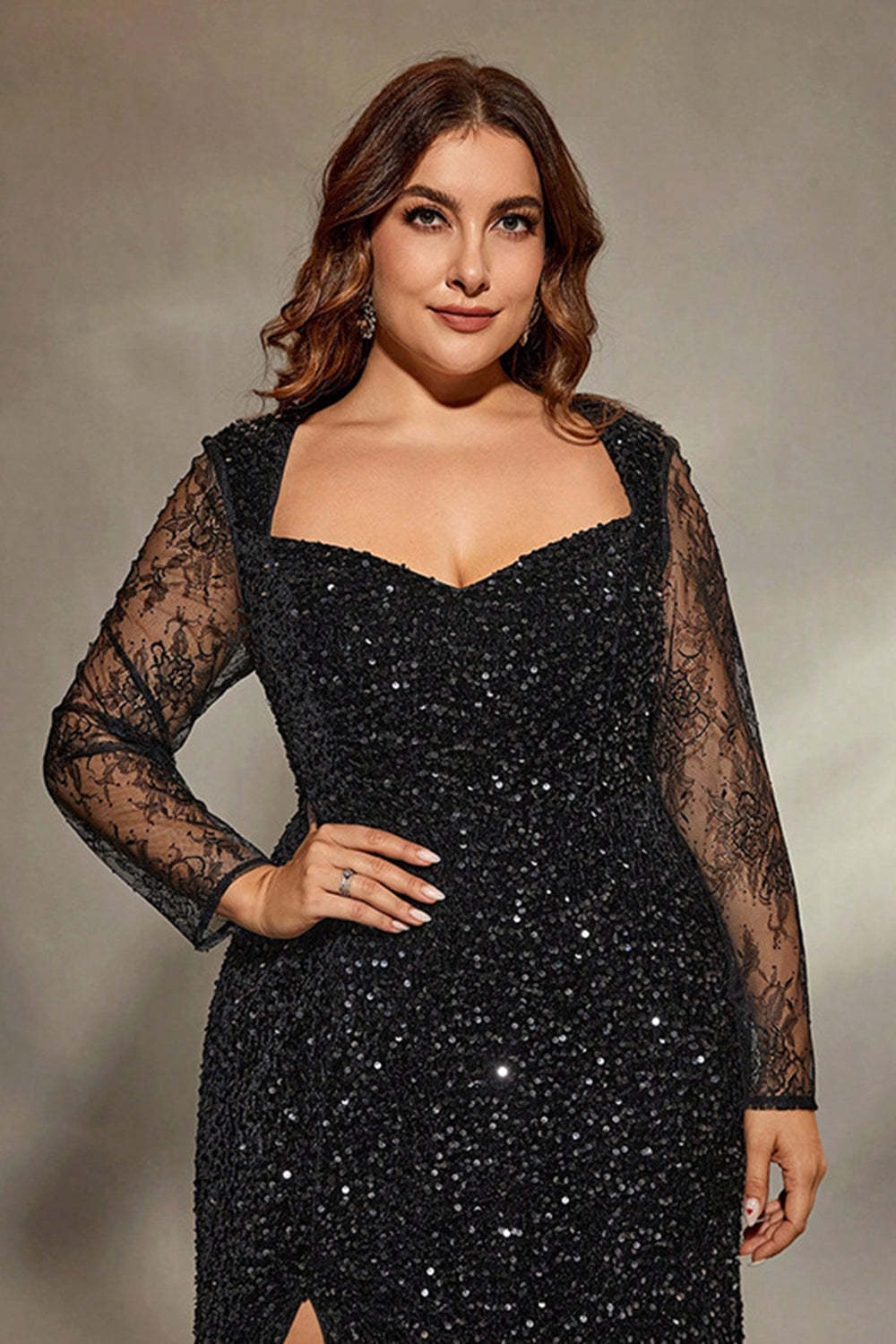 Black Sparkly Sequins Mermaid Plus Size Wedding Guest Dress with Slit
