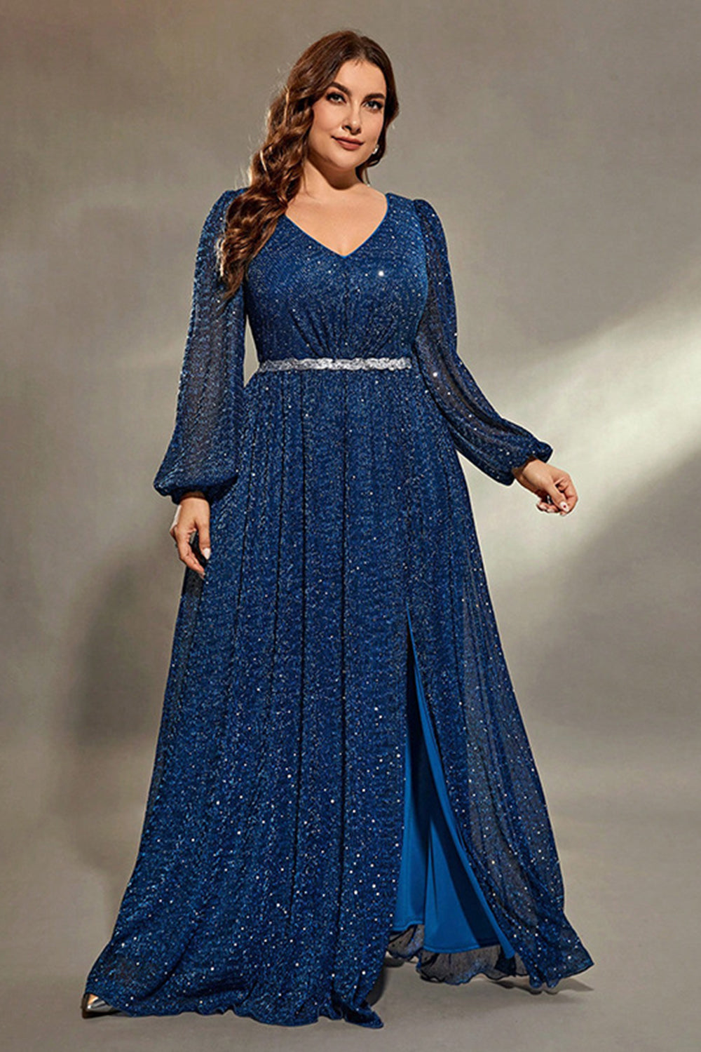 Royal Blue Glitter V Neck Plus Size Bridesmaid Dress with Slit