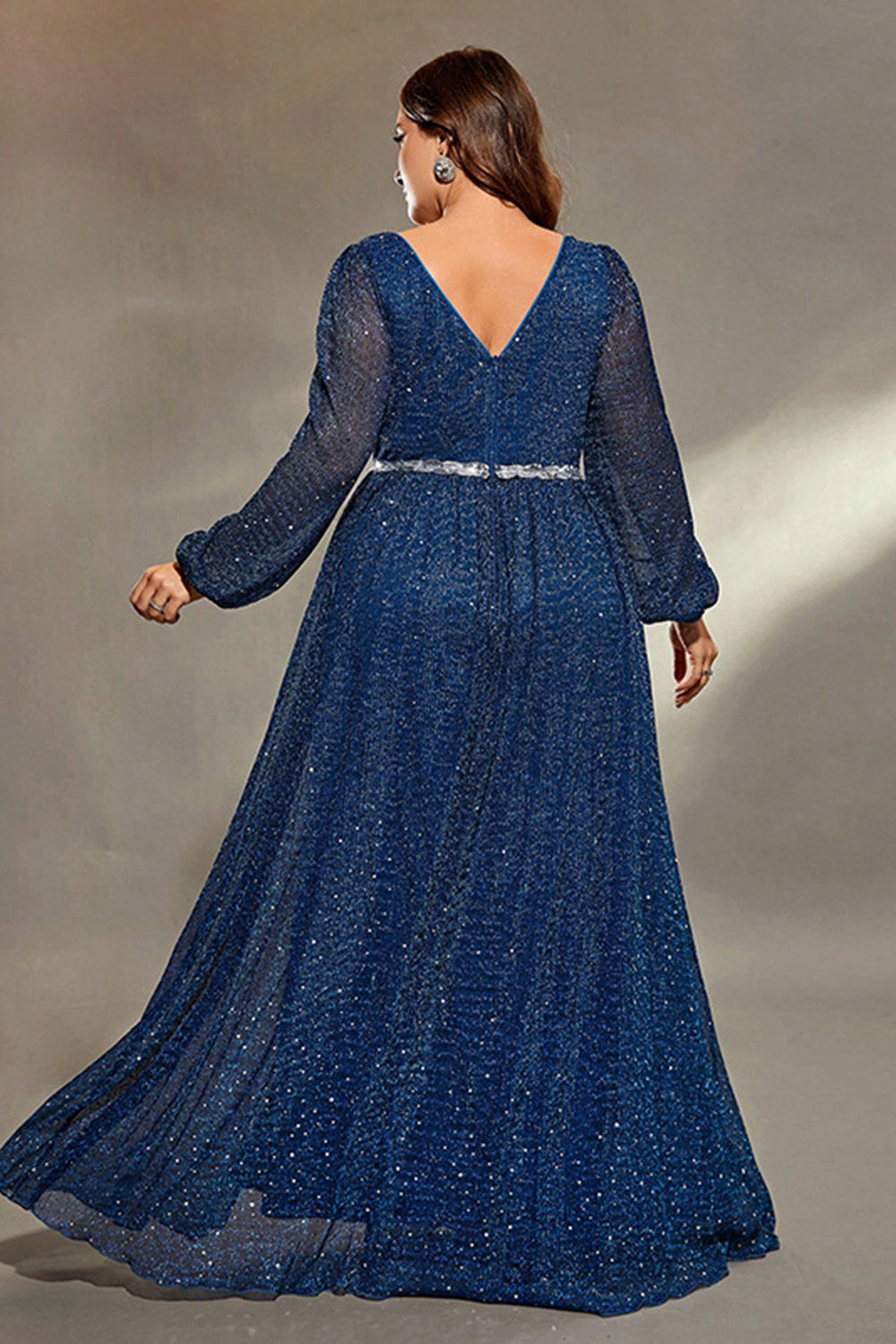 Royal Blue Glitter V Neck Plus Size Bridesmaid Dress with Slit