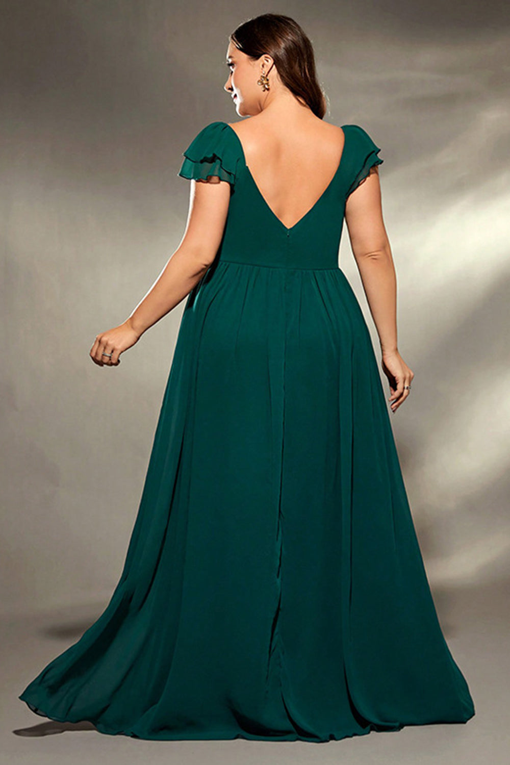 Dark Green V Neck Chiffon Long Plus Size Bridesmaid Dress with Slit