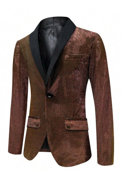 Leely Men Sparkly Brown Men's Prom Blazer One Button Shawl Lapel Men's Jacket