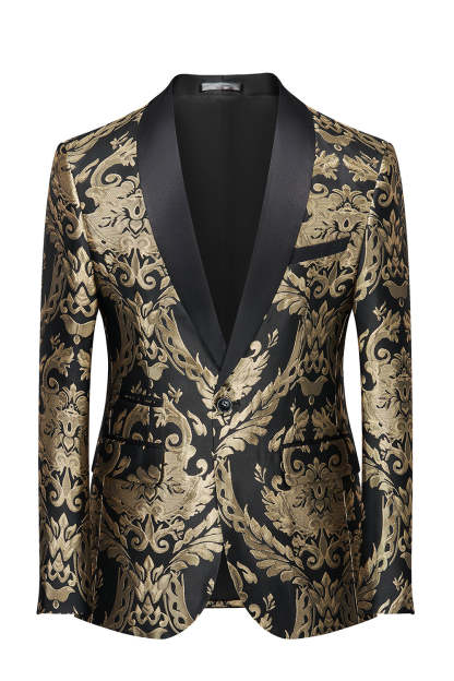 Leely Black Golden Embroidery Men's Blazer for Prom Party