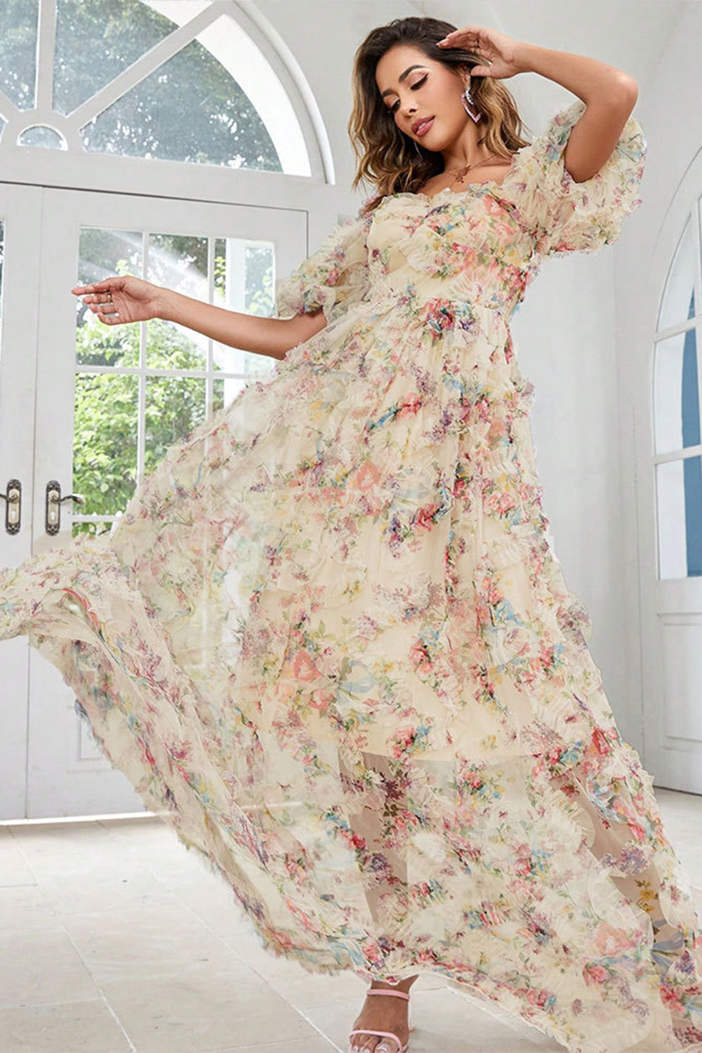 Yellow Flower A Line Print Long Prom Dress with Puff Sleeves