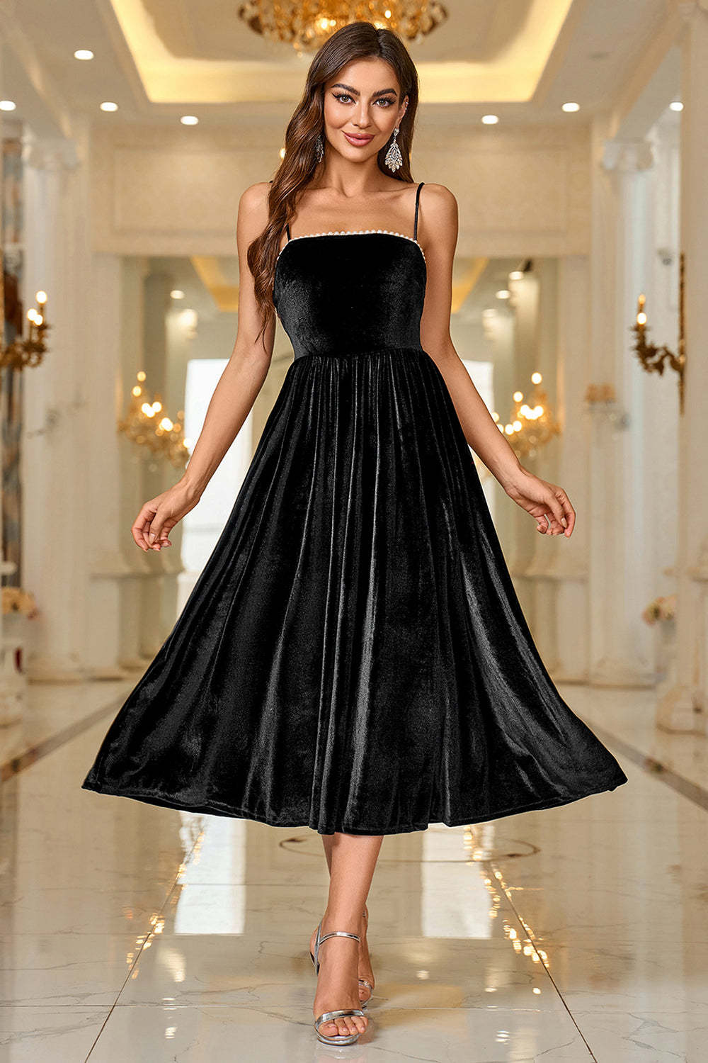 Leely Women Black Spaghetti Straps Velvet A Line Prom Dress Spaghetti Straps Tea Length Formal Dress