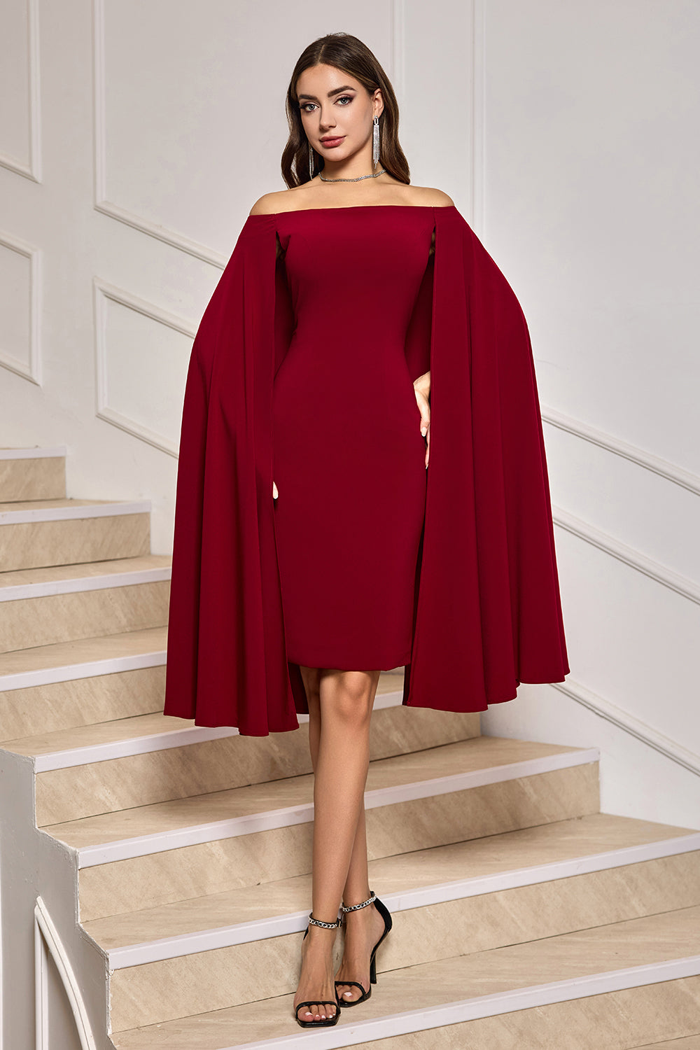 Burgundy Off the Shoulder Bodycon Midi Cocktail Dress With Wrap