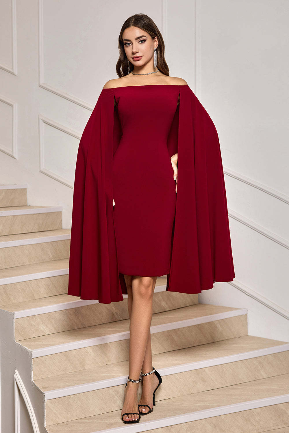Burgundy Off the Shoulder Bodycon Midi Cocktail Dress With Wrap