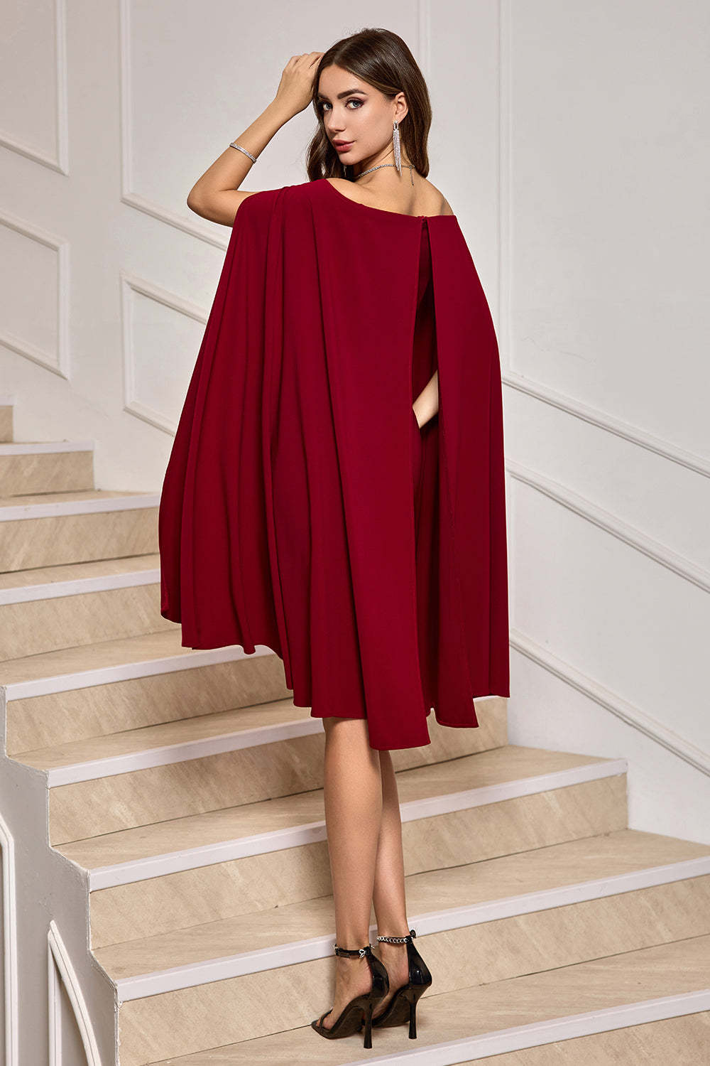 Burgundy Off the Shoulder Bodycon Midi Cocktail Dress With Wrap