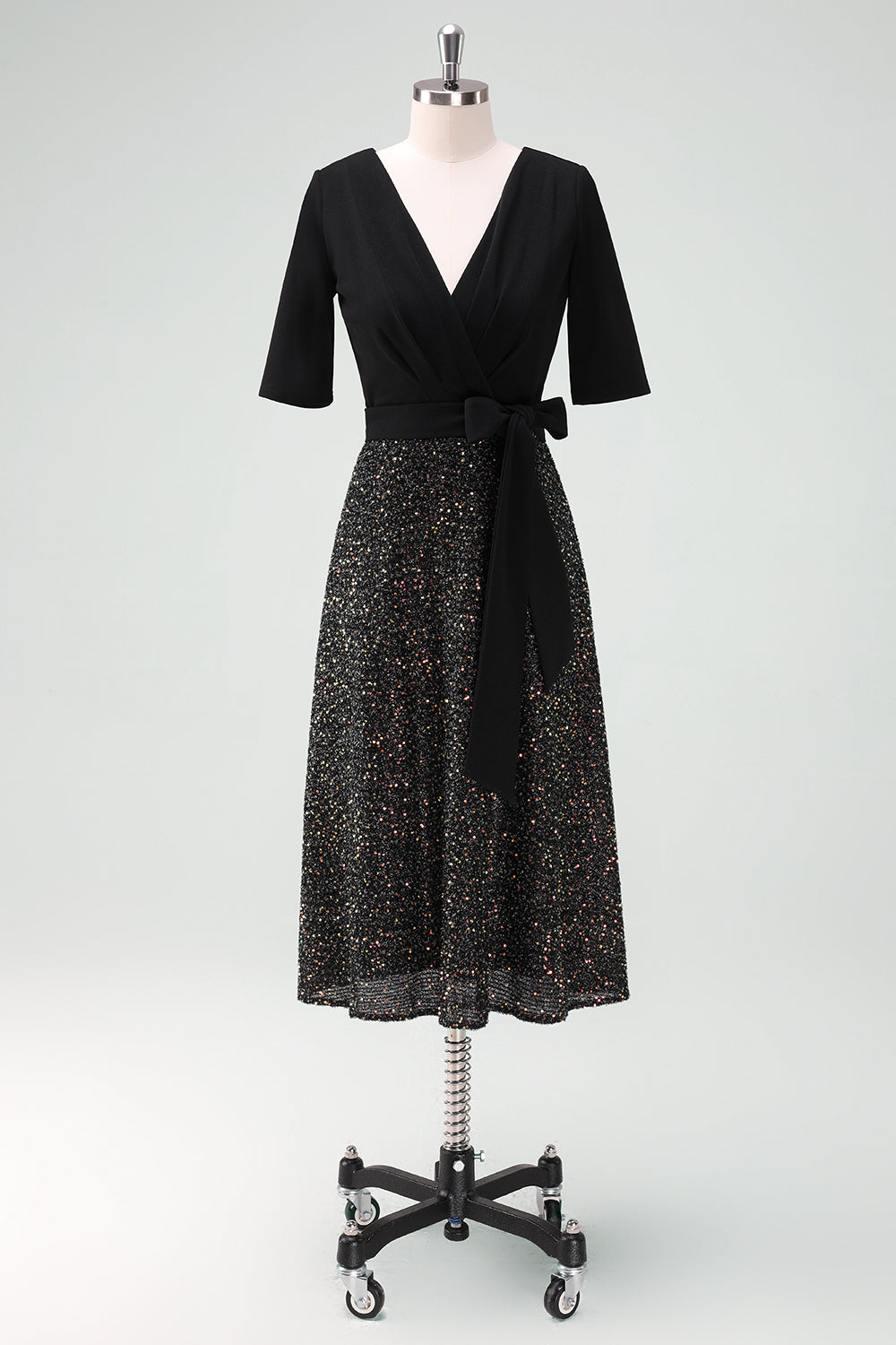 Sparkly Black V-Neck A-Line Mother Dress with Sash