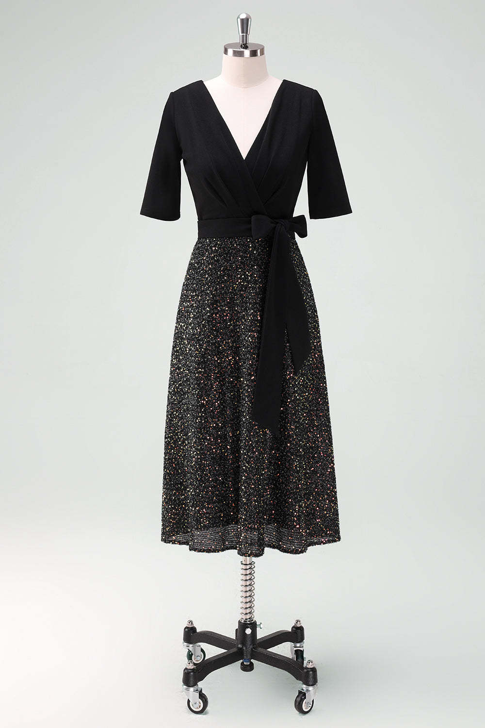 Sparkly Black V-Neck A-Line Mother Dress with Sash