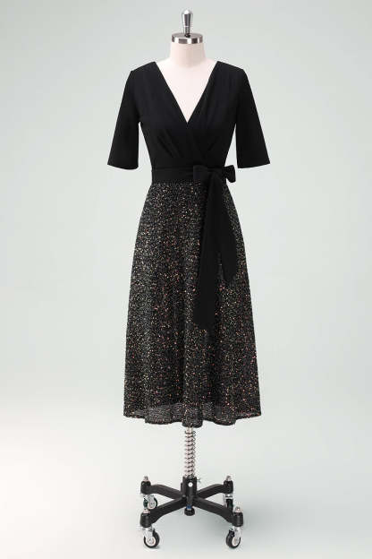 Sparkly Black V-Neck A-Line Mother Dress with Sash