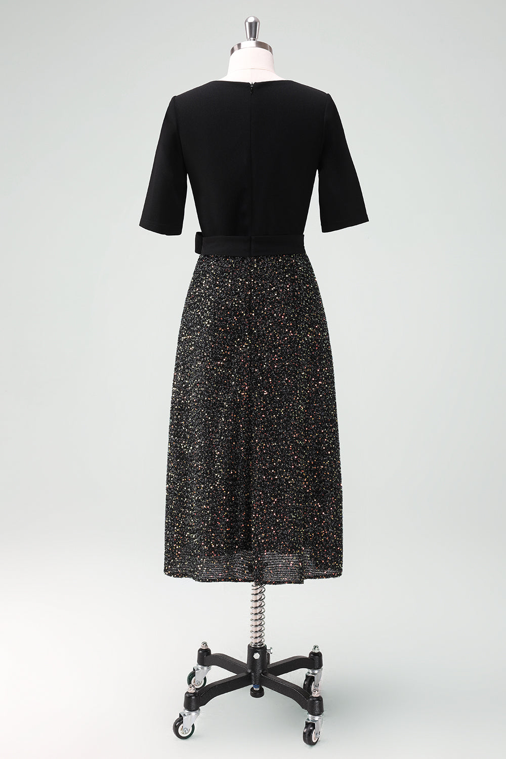 Sparkly Black V-Neck A-Line Mother Dress with Sash