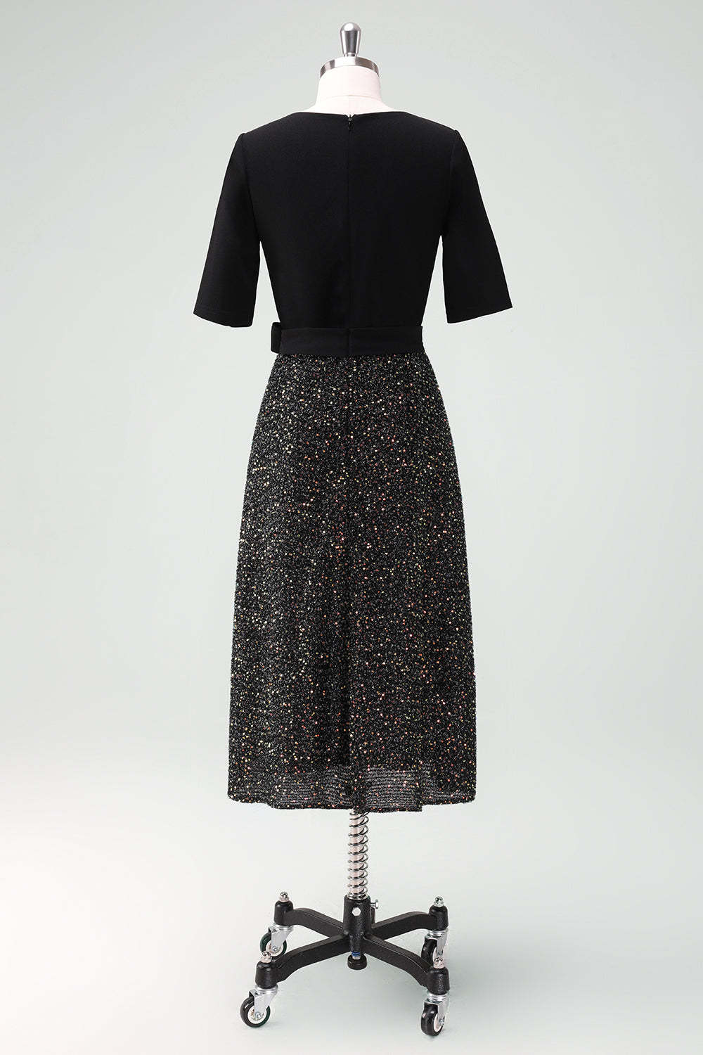 Sparkly Black V-Neck A-Line Mother Dress with Sash