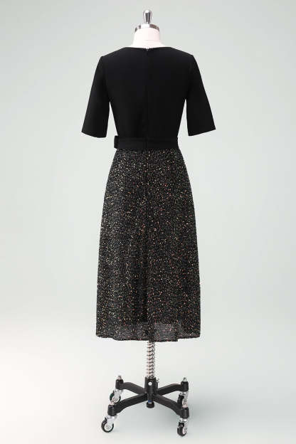 Sparkly Black V-Neck A-Line Mother Dress with Sash