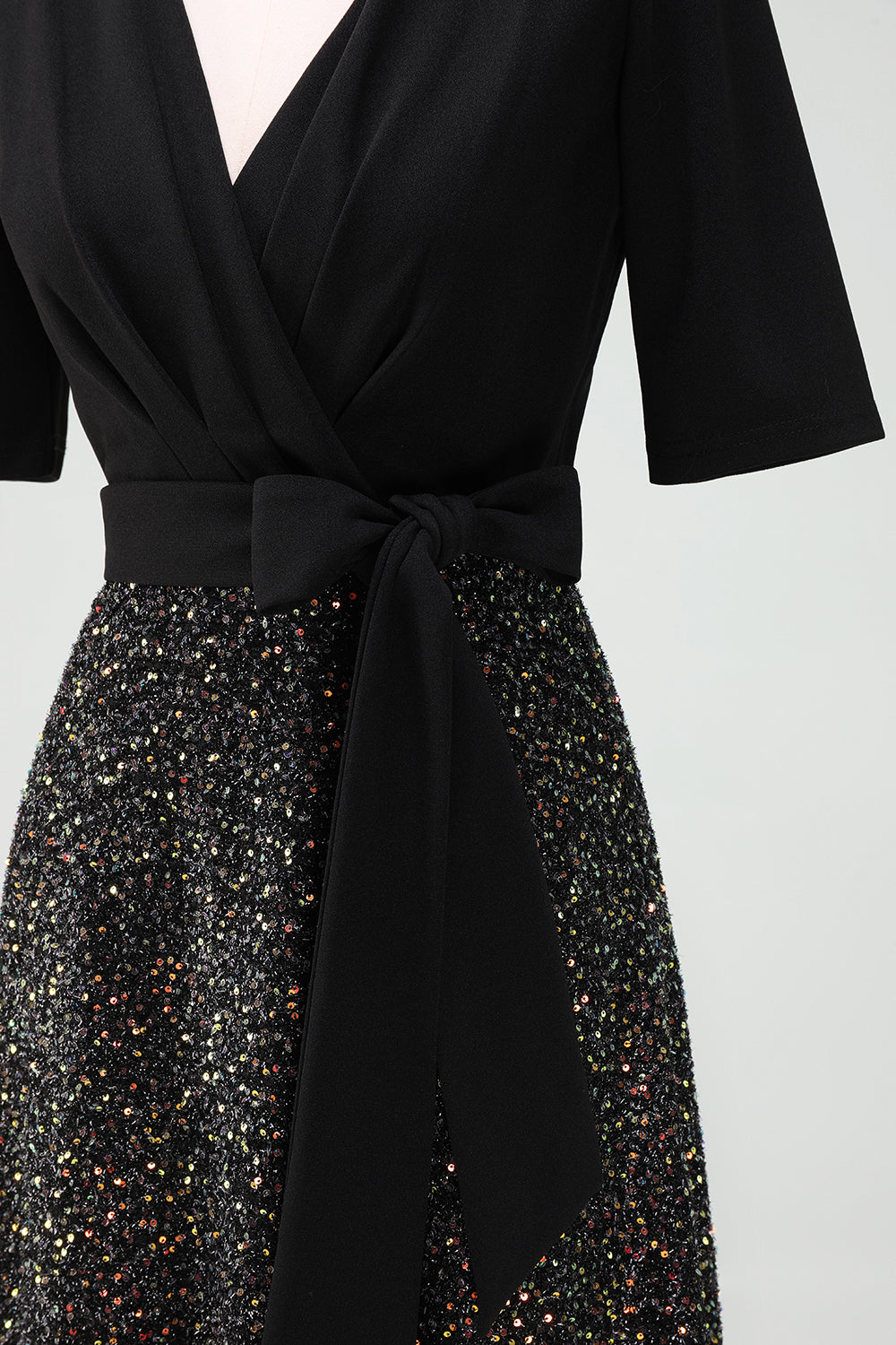 Sparkly Black V-Neck A-Line Mother Dress with Sash