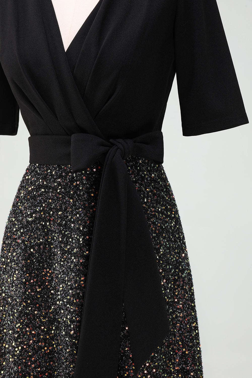 Sparkly Black V-Neck A-Line Mother Dress with Sash