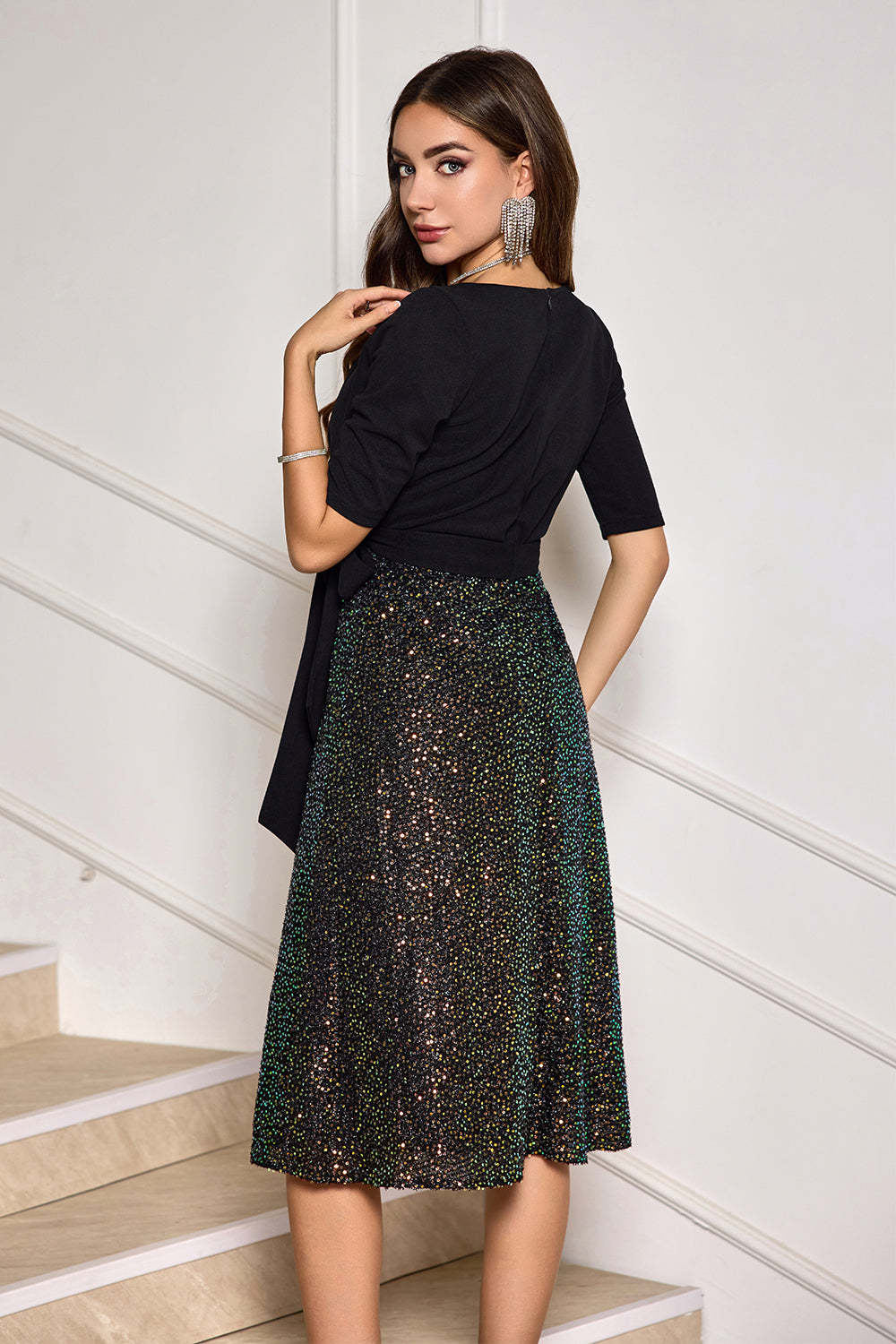 Sparkly Black V-Neck A-Line Mother Dress with Sash