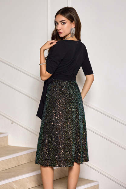 Sparkly Black V-Neck A-Line Mother Dress with Sash