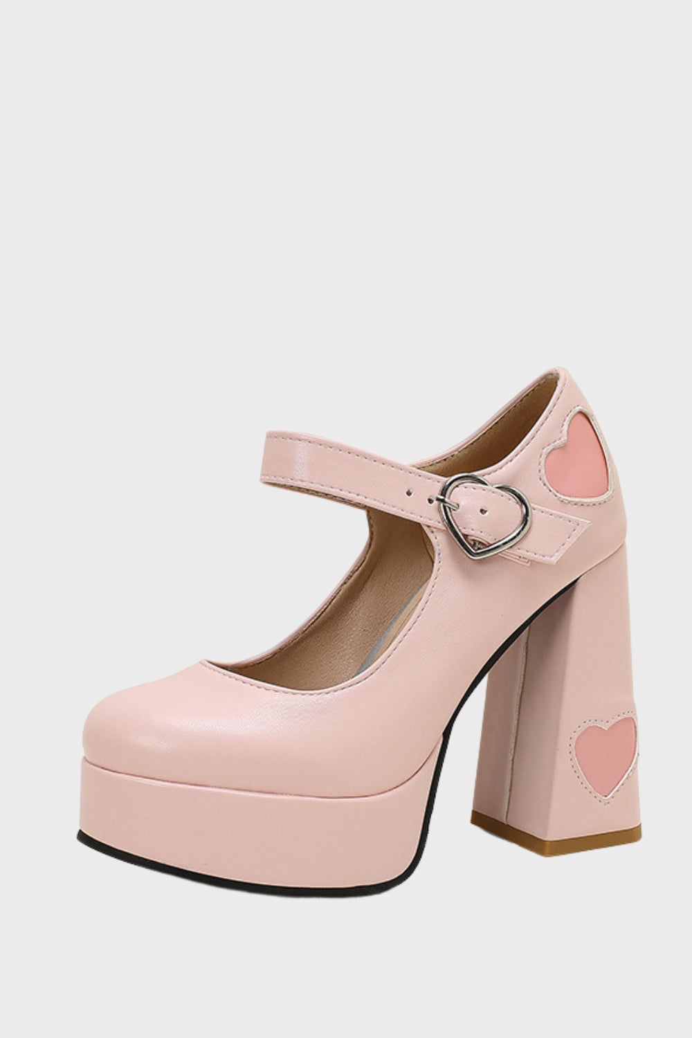 Apricot Thick Sole Chunky Buckle Shoes with Hearts