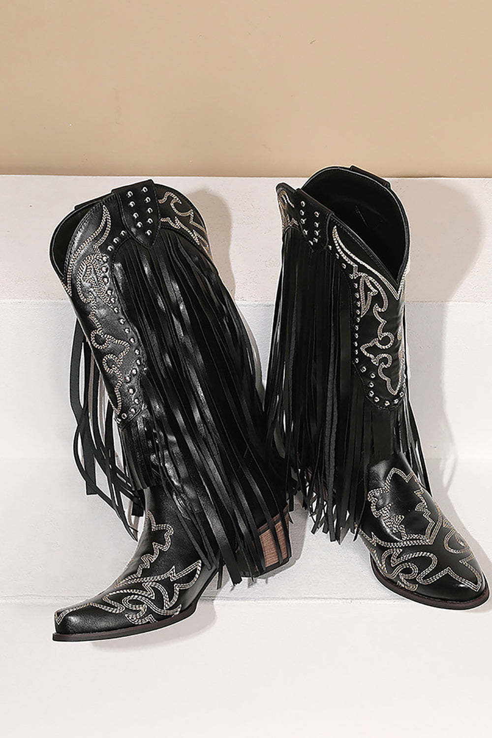 Black Rivet Embroidery High Boots