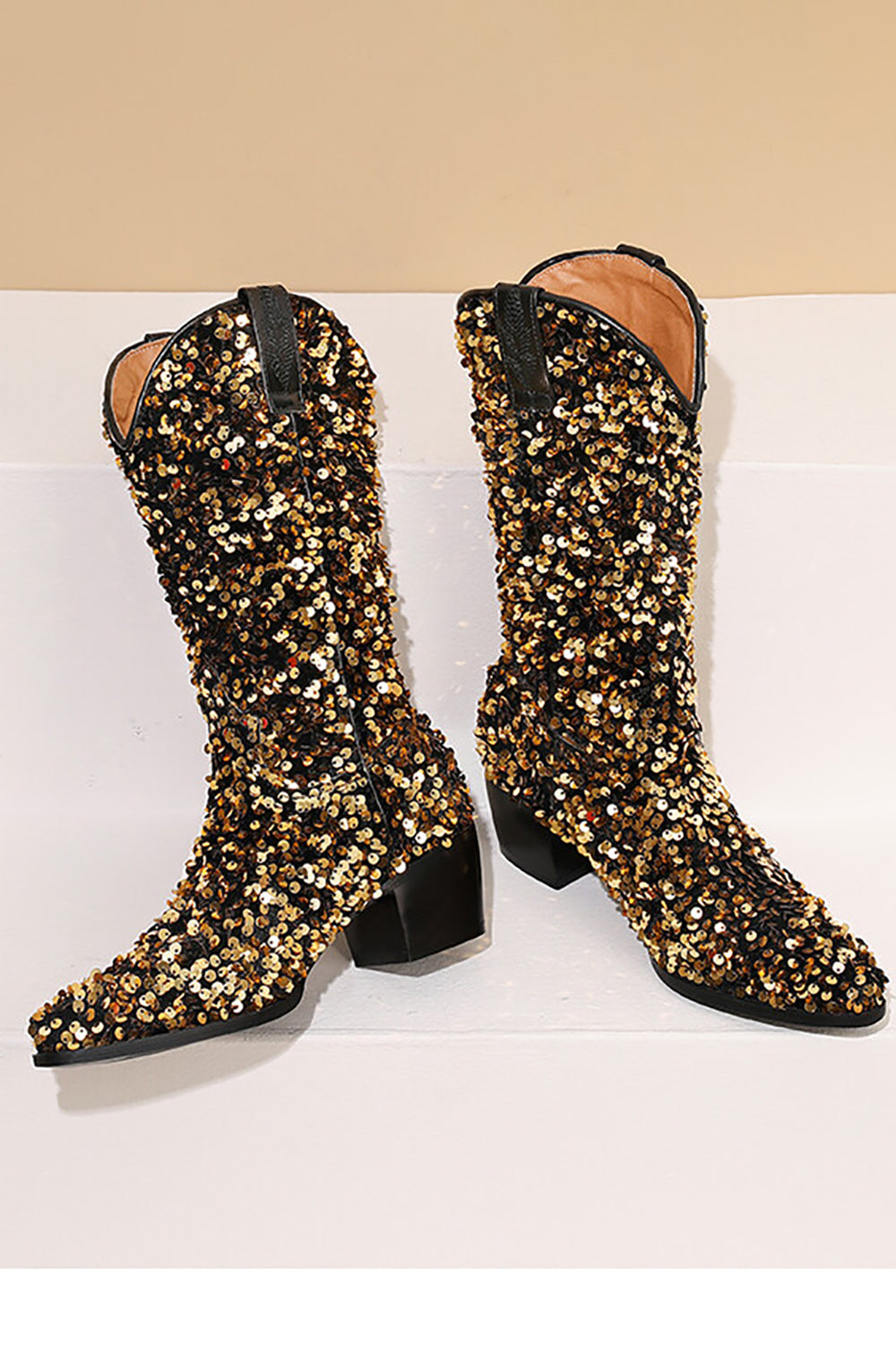 Black Sequined Sexy Pointed Toe Thick Heel Boots