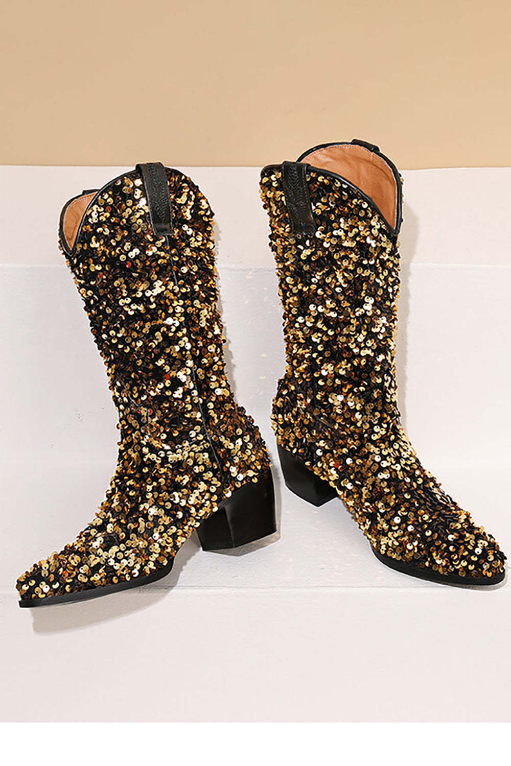 Black Sequined Sexy Pointed Toe Thick Heel Boots