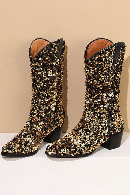 Black Sequined Sexy Pointed Toe Thick Heel Boots