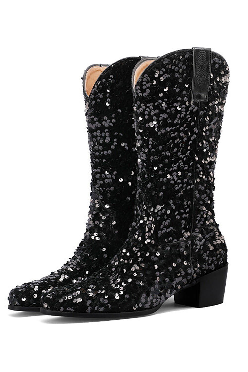Black Sequined Sexy Pointed Toe Thick Heel Boots