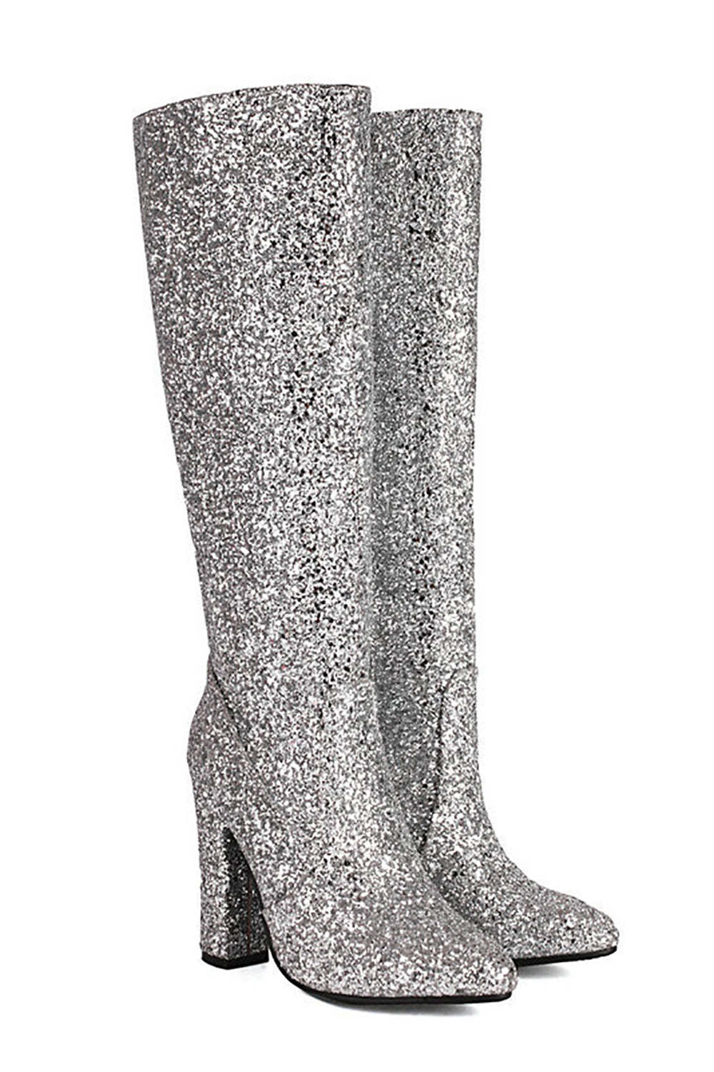 Leely Women Blue Sequined Chunky-heeled Boots