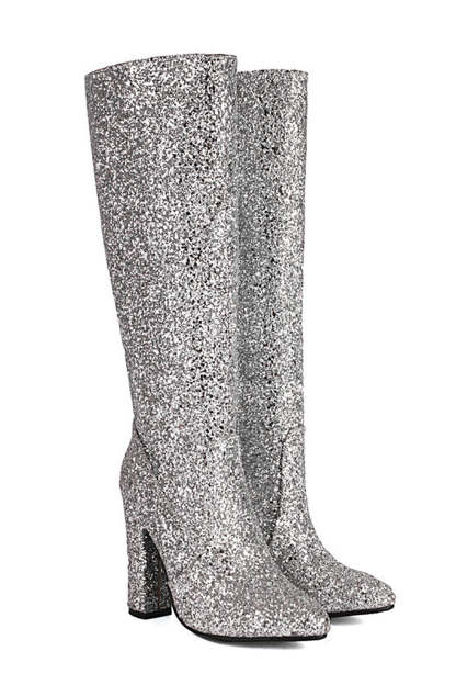 Leely Women Blue Sequined Chunky-heeled Boots
