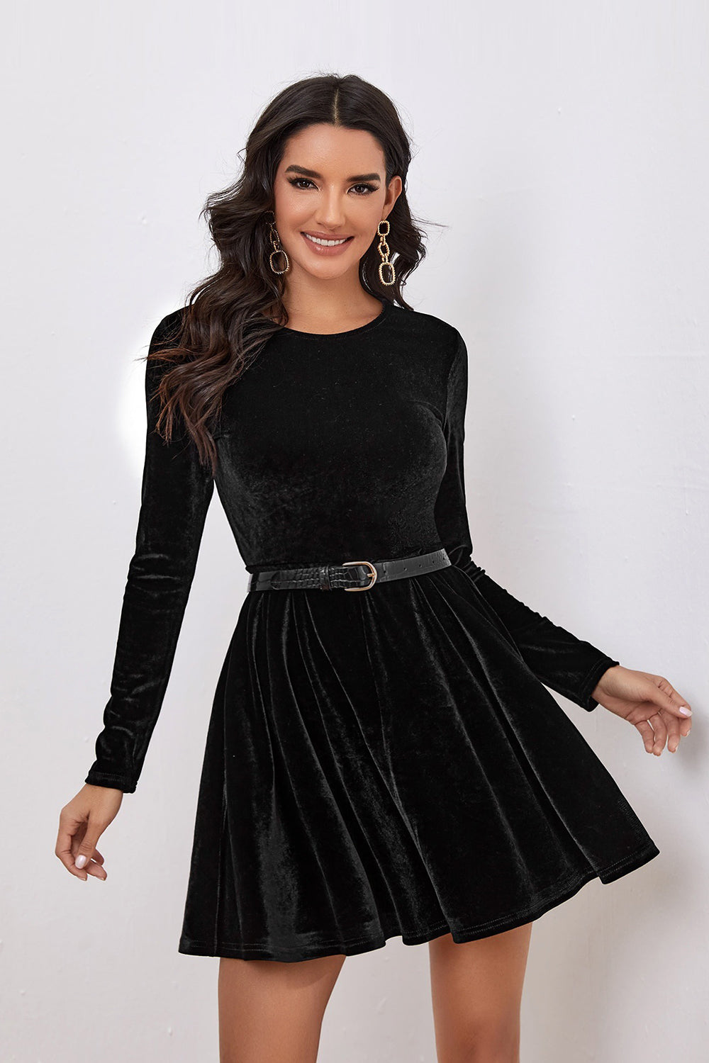 Leely Women Cocktail Dress Black A Line Long Sleeves Short Party Dress