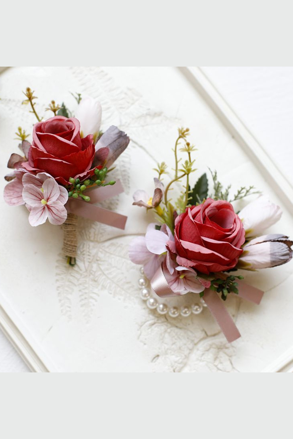 Red Homecoming Wrist Corsage and Boutonniere Set
