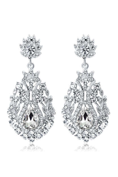 Leely Women Royal White Rhinestone Water Drop Earrings