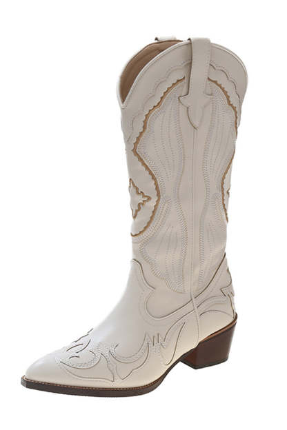 Leely Women White Pointed Toe Embroidered Cowgirl Boots