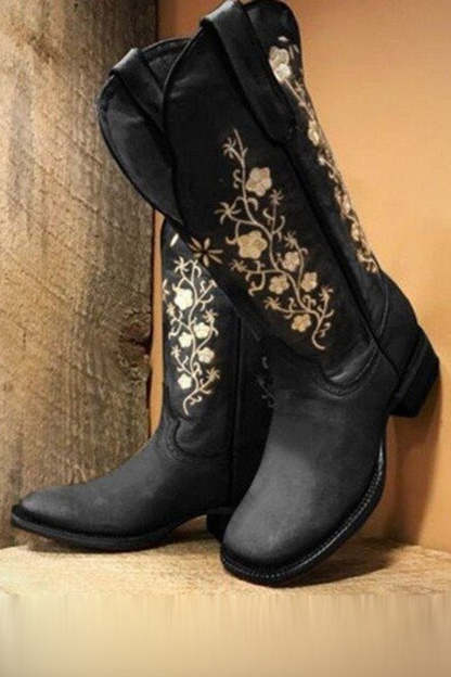 Black Thick Heel Round Toe Embroidered Women's Boots