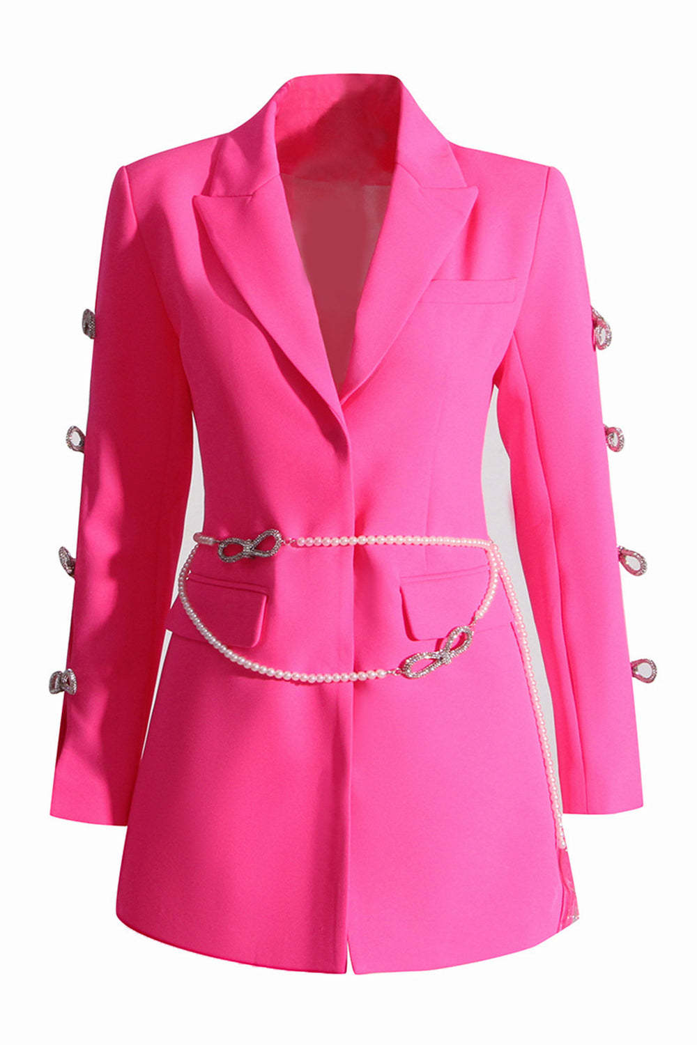 Leely Fuchsia Peak Lapel Women Blazer with Pearl Belt for Prom