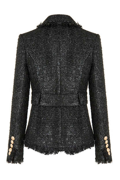 Black Tweed Notched Lapel Women Jacket with Belt